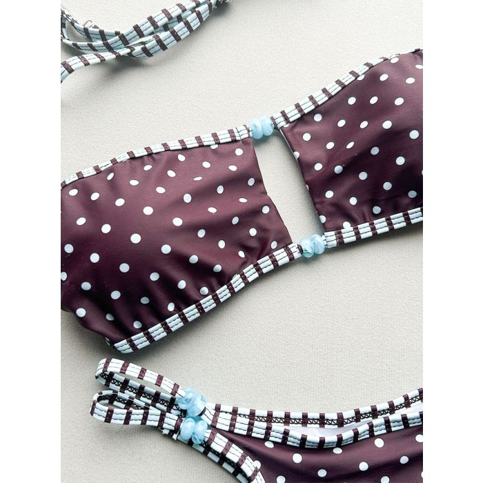 Flattering Polka Dot Cutout Crop Bead String High-Leg Two-Piece Bik…