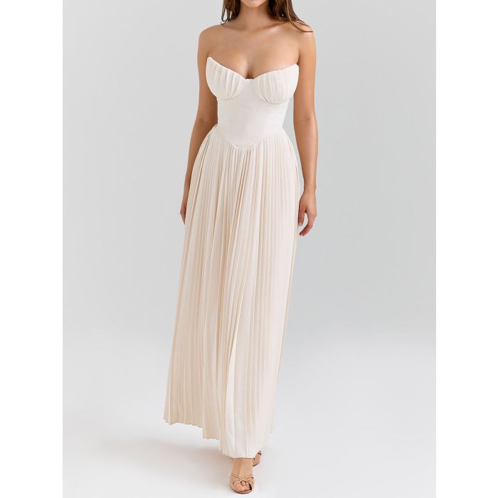 Elegant Bustier Strapless Fit Flare Drop Waist Resort Pleated Midi…