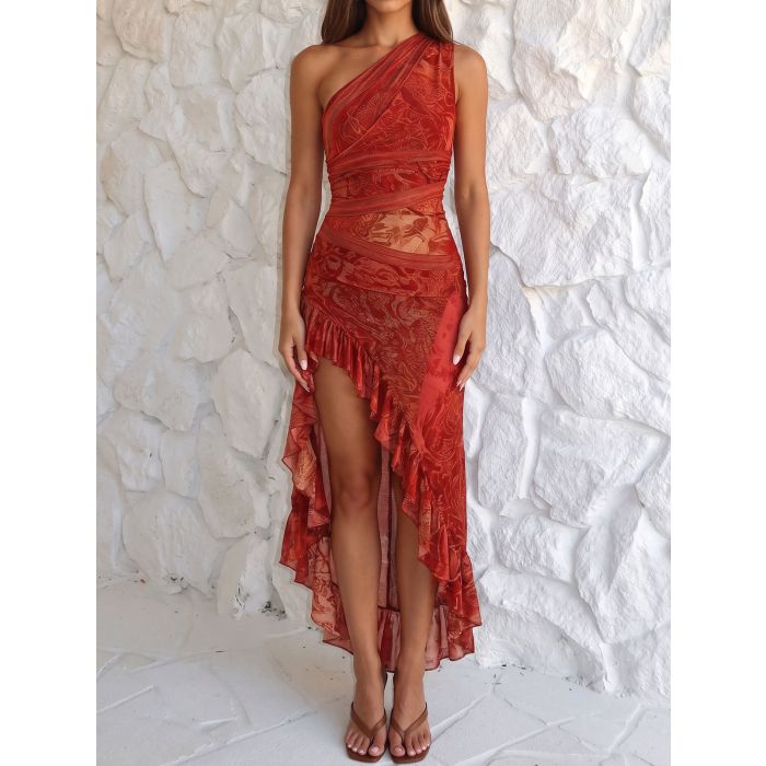 Vintage One Shoulder Ruffle High Split Resort Floral Midi Dress