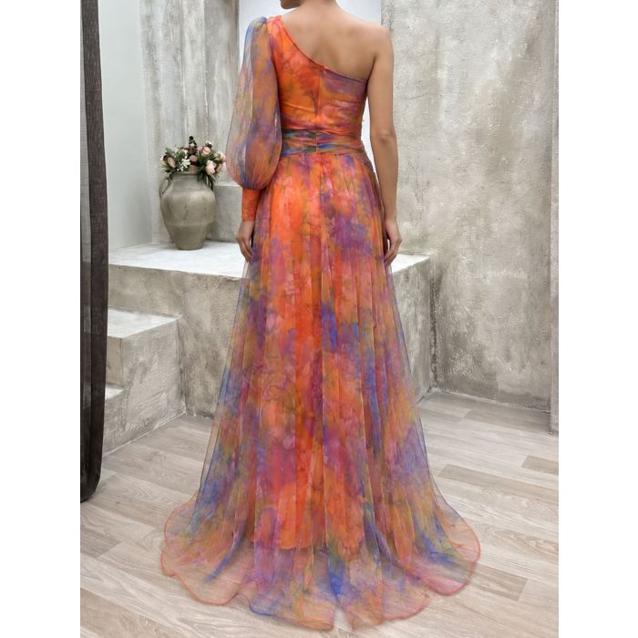 Flowy Floral One Shoulder Long Sleeve Slit Ruched Tulle Maxi Dress