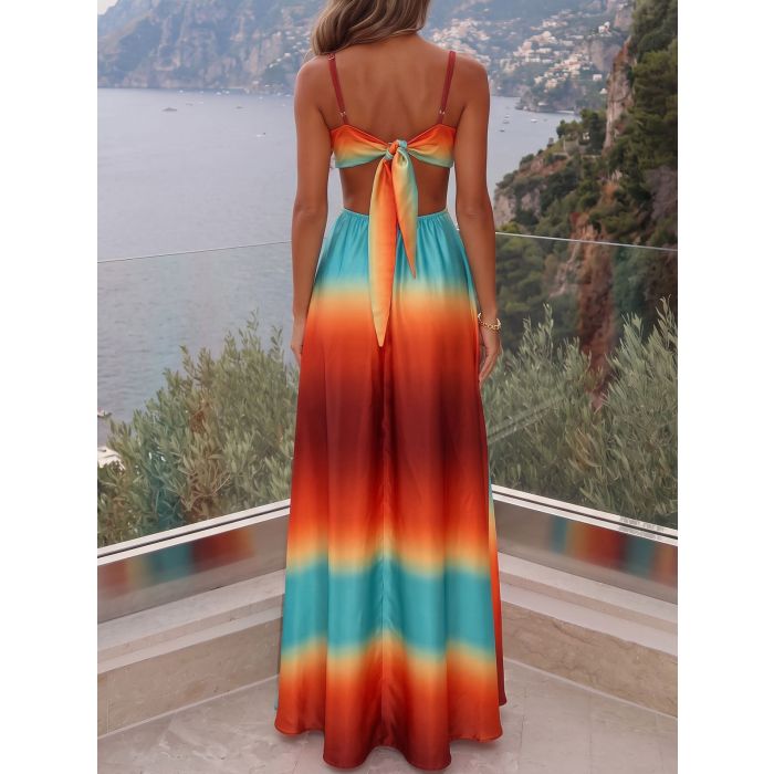 Sunset Ombré Sweetheart Cutout Resort Satin Cami Maxi Sun Dress