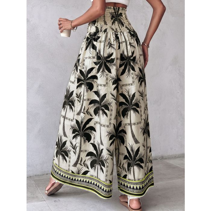 Relaxed Smocked High Waist Tropical Wide Leg Resort Palazzo Pants