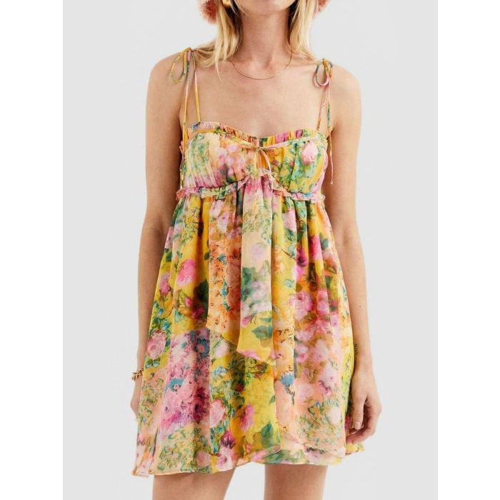 Relaxed Floral Tie Shoulder Resort Chiffon Babydoll Mini Dress