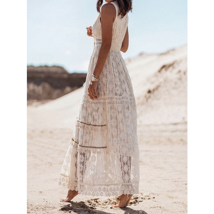 Relaxed Fringe V-Neck Crochet Floral Lace Resort Sleeveless Maxi Dr…