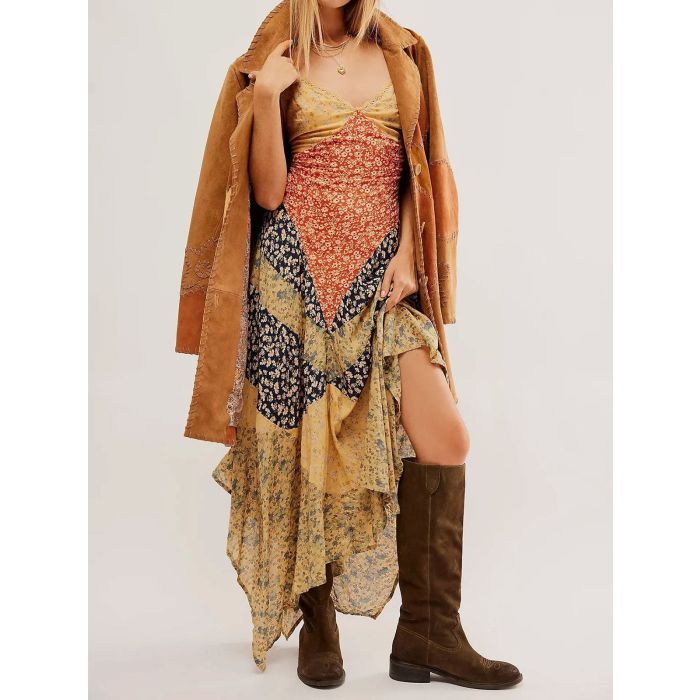 Relaxed Chic V-Neck Tie Back Resort Floral Patchwork Slip Maxi Dress