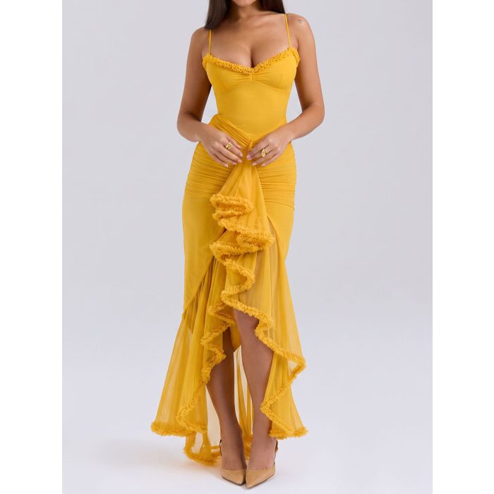Flowy Ruffle Sweetheart Ruched Mesh Resort Sleeveless High Low Dress