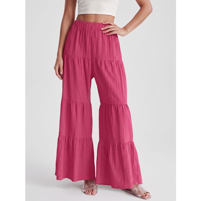 Relaxed Chic Tiered Flare High Waist Resort Crinkle Wide Leg Pants