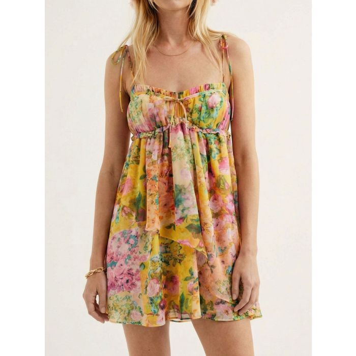 Relaxed Floral Tie Shoulder Resort Chiffon Babydoll Mini Dress