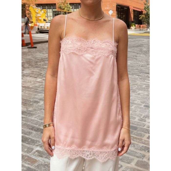 Luxury Lace Square Neck Side Slit Resort Longline Cami Satin Top