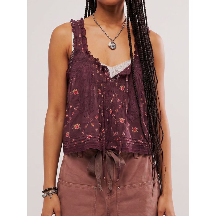 Relaxed Chic Ruffled Tie Front Button Up Resort Lace Crop Tank Top