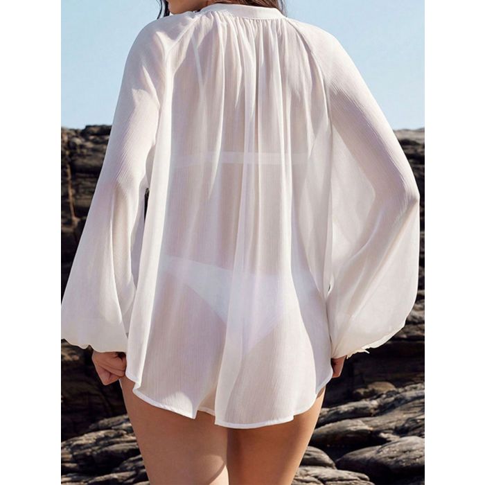 Bloom Flower Tie Neck Button Up Bishop Sleeve Oversized Crinkled Be…