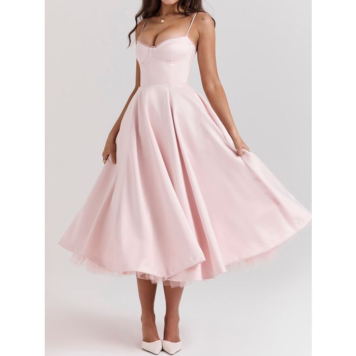 Elegant Sweetheart Fit Flare Tulle Layer Resort Satin Slip Midi Dre…