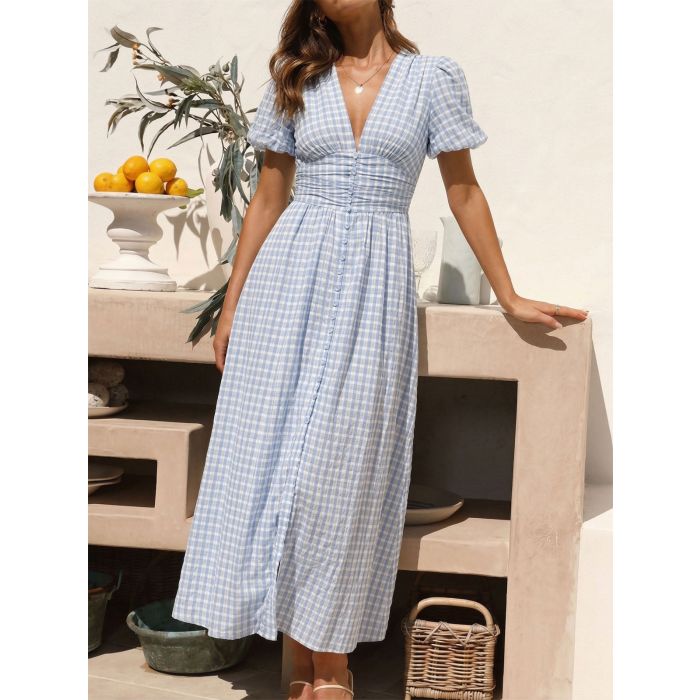 Elegant V-Neck Ruched Waist Resort Seersucker Puff Sleeve Midi Dress