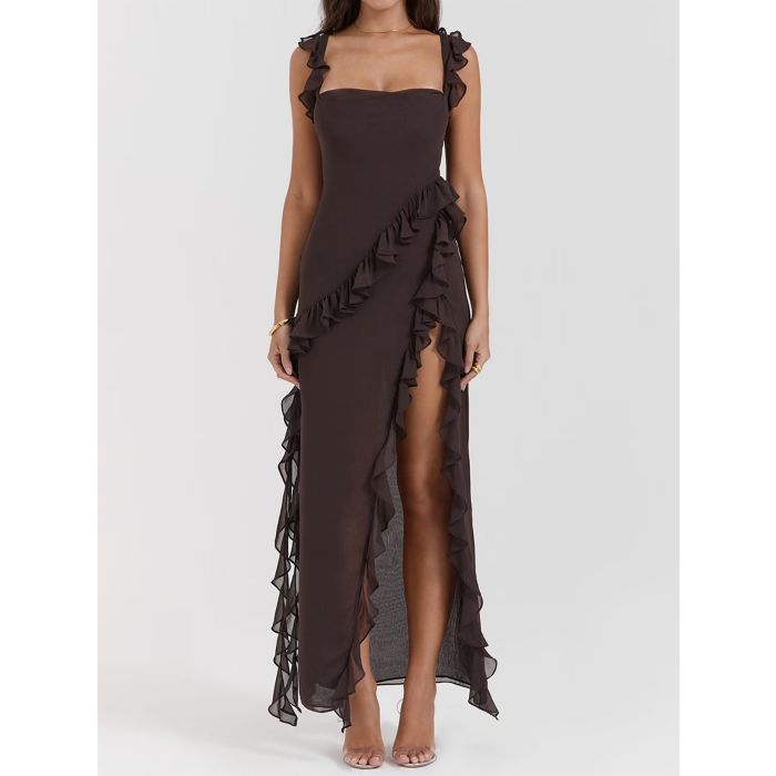 Flowy Ruffled Square Neck Sleeveless High Slit Sleeveless Midi Dress