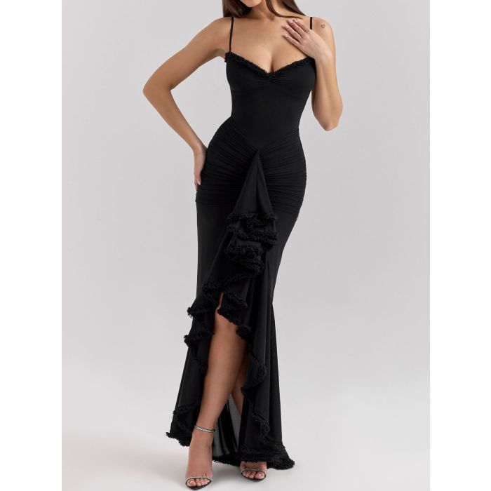 Flowy Ruffle Sweetheart Ruched Mesh Resort Sleeveless High Low Dress