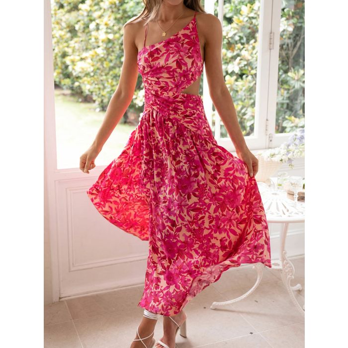 Asymmetrical Cutout Tie Back Ruched Resort High Slit Midi Sundress