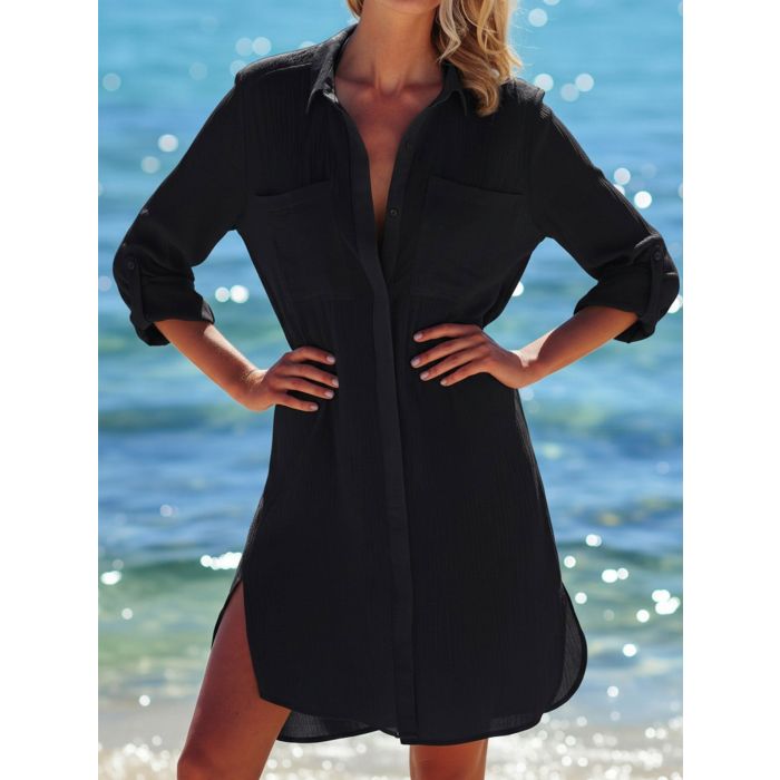 Casual Collared Button Up Oversized Beach Crinkled Cover-Up Blouse