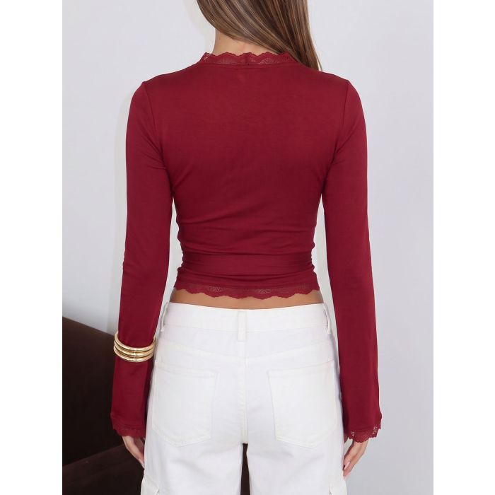 Feminine Scalloped Lace Long Sleeve Resort Tie Waist Wrap Top