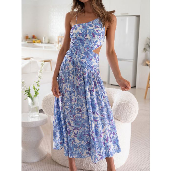Asymmetrical Cutout Tie Back Ruched Resort High Slit Midi Sundress