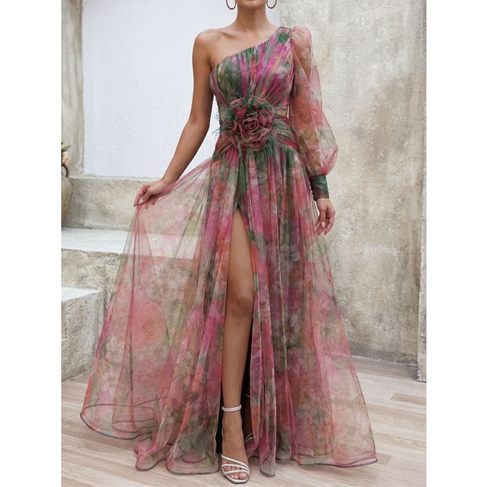 Flowy Floral One Shoulder Long Sleeve Slit Ruched Tulle Maxi Dress