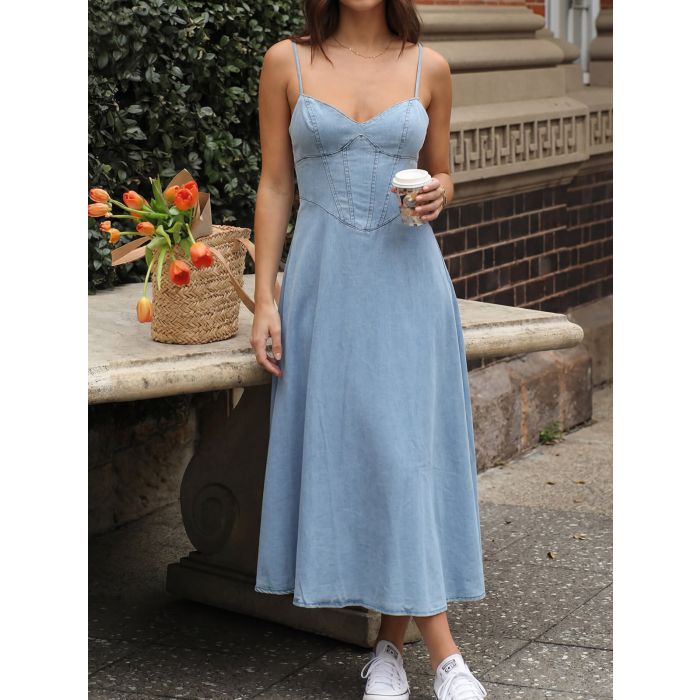 Summery V-Neck Smocked Back Resort Fit and Flare Slip Midi Dress
