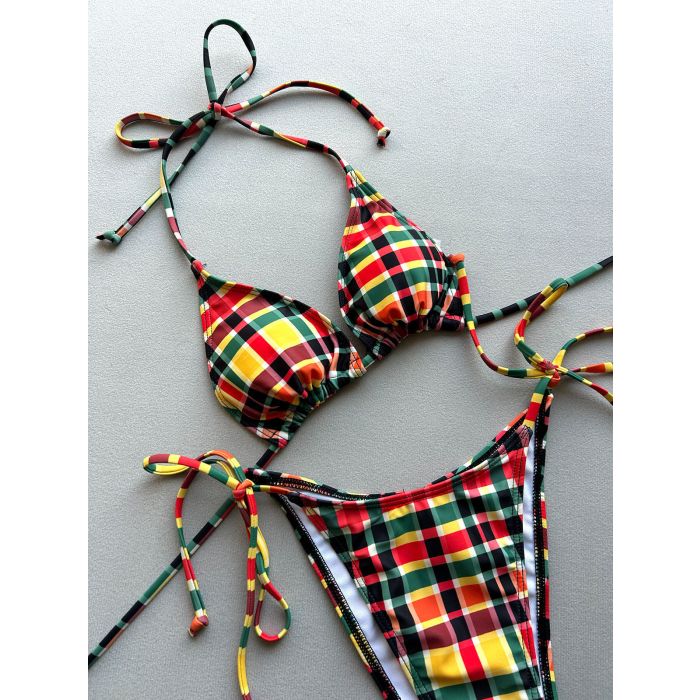 Colorful Gingham Tie Side High-Cut Halter Halter Two-Piece Bikini S…