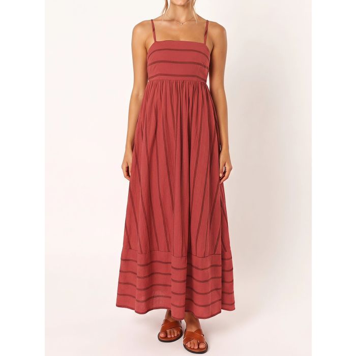 Flattering Square Neck Empire Waist Resort Striped Slip Maxi Dress