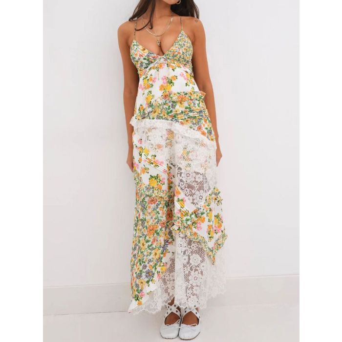 Resort Pleated V-Neck Ruffle Floral Patchwork Lace Slip Maxi Dress