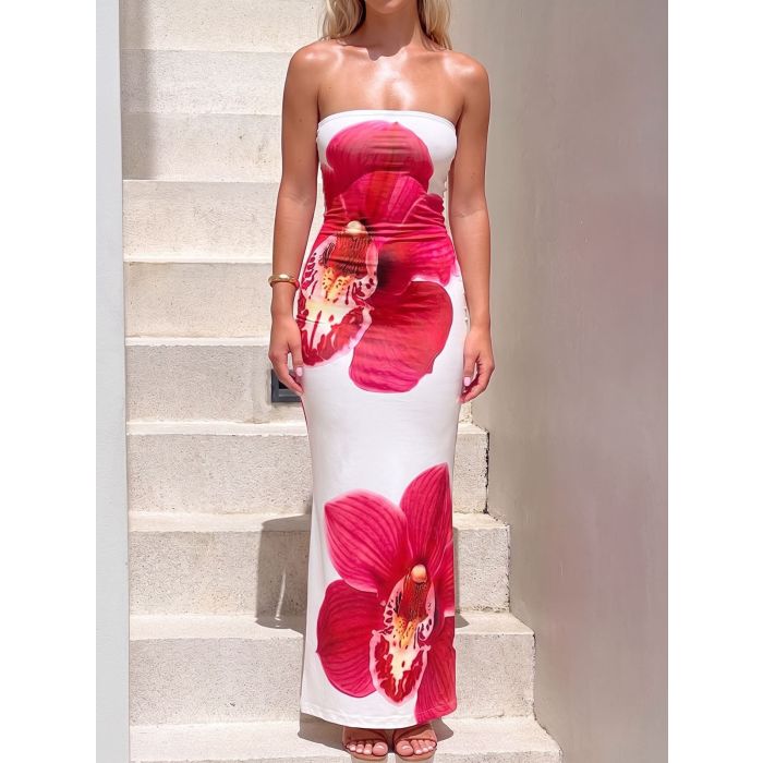 Summer Resort Column Strapless Watercolor Floral Printed Maxi Dress