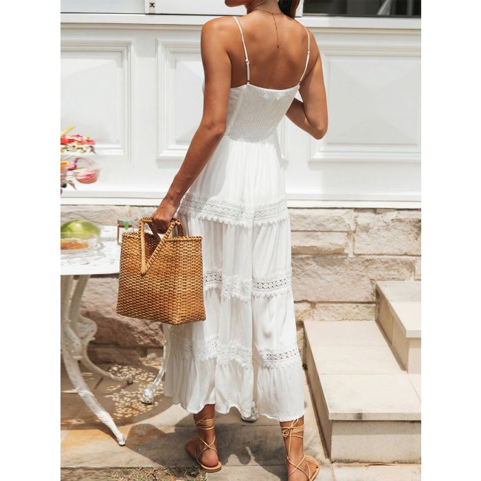 Relaxed Tie Neck Smocked Back Resort Crochet Tiered Midi Sundress