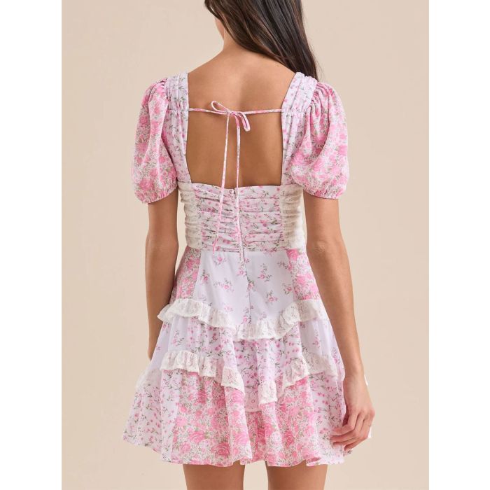 Retro Floral Puff Sleeve Pleated Resort Lace Tiered Ruffle Mini Dre…