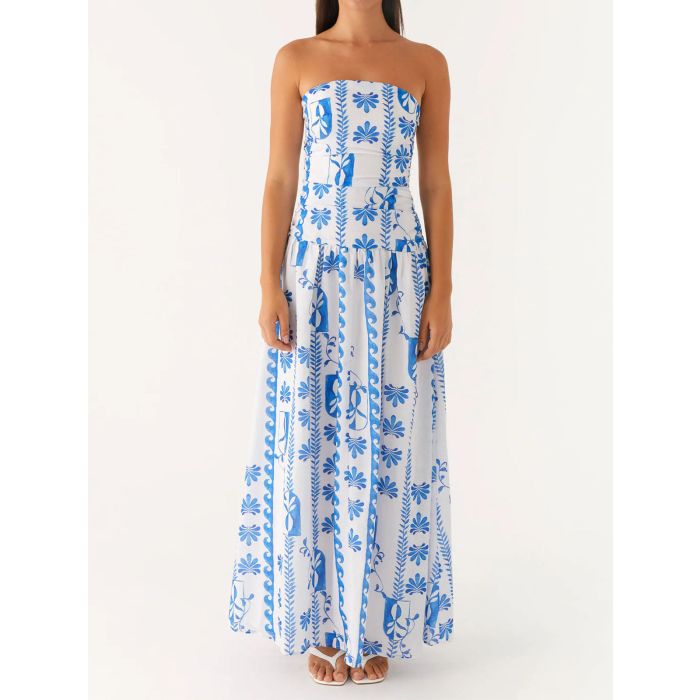 Breezy Ruched Strapless Drop Waist Resort Fit Flare Maxi Dress