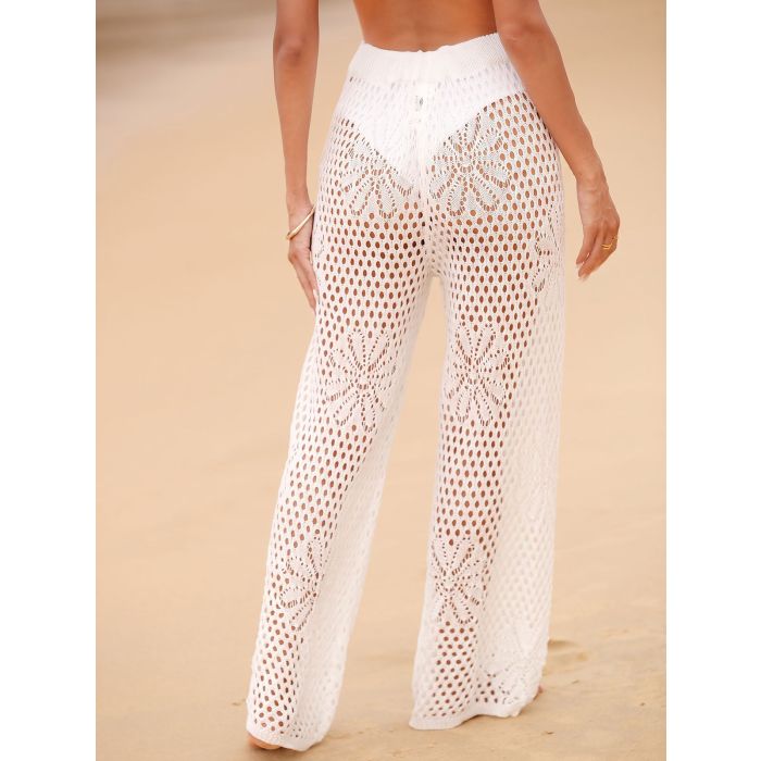 Relaxed Drawstring Wide Leg Resort Floral Crochet Knit Cover-Up Pan…