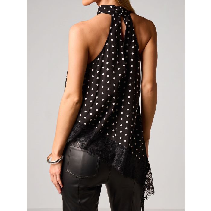 Asymmetrical Scalloped Lace Resort High Neck Polka Dot Satin Top