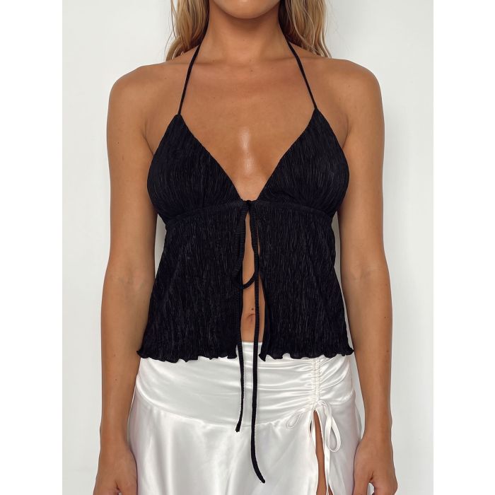 Playful Plunge Halter Neck Tie Front Slit Summer Resort Plisse Crop…