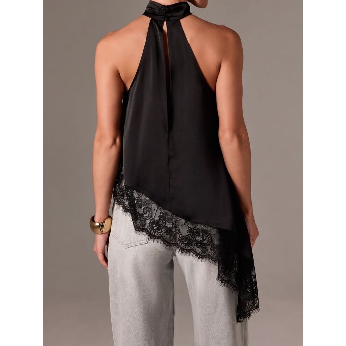 Asymmetrical Scalloped Lace Resort High Neck Silky Satin Top