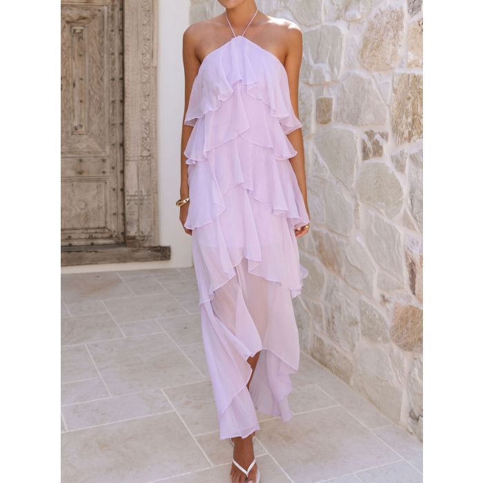 Flowy Halter Tie Layered Ruffle Summer Resort Chiffon High Low Dress