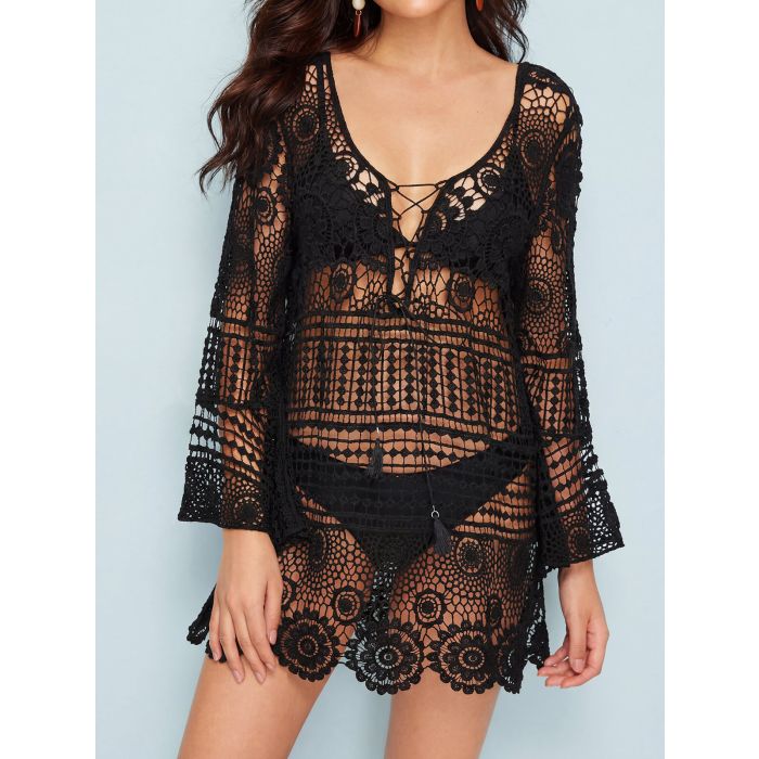 Breezy Lace Up V-Neck Sleeved Beach Crochet Knit Cover-Up Mini Dress