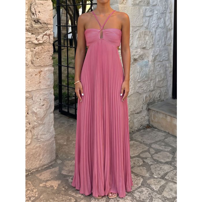 Flowy Crisscross Strap Empire Waist Resort Pleated Cutout Maxi Dress