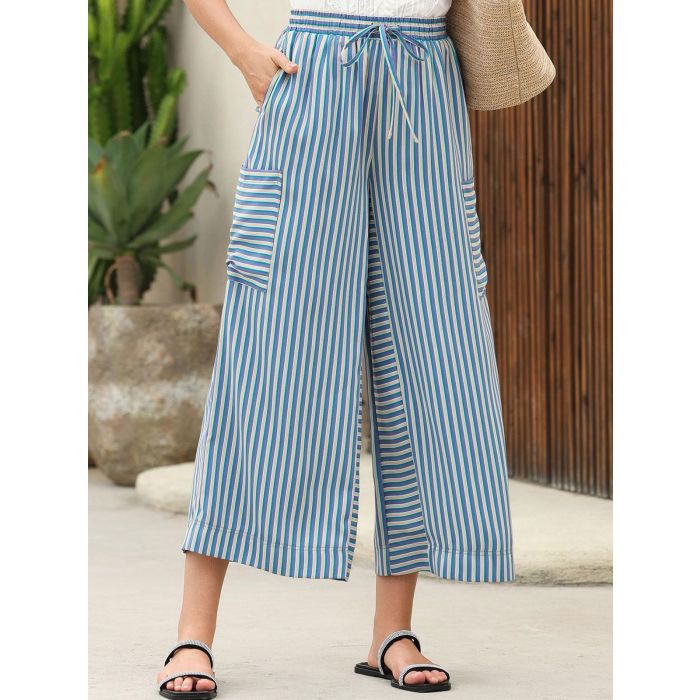 Vibrant Striped Tie High Waist Cargo Pocket Resort Wide Leg Pants