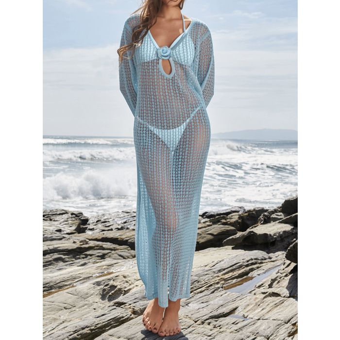 Flattering Cutout Back 3D Flower Beach Crochet Knit Cover-Up Maxi D…