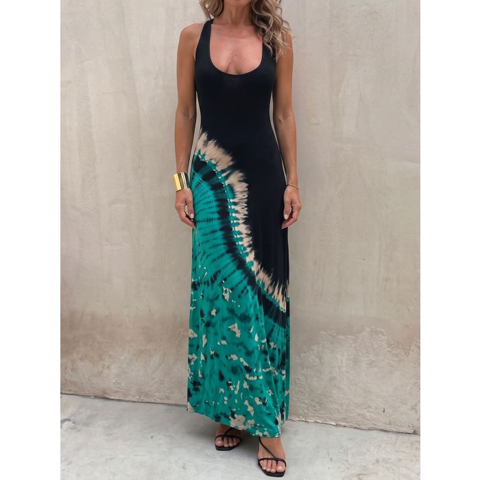 Tidal Tie Dye Criss Cross Back Resort Summer Tank Maxi Dress