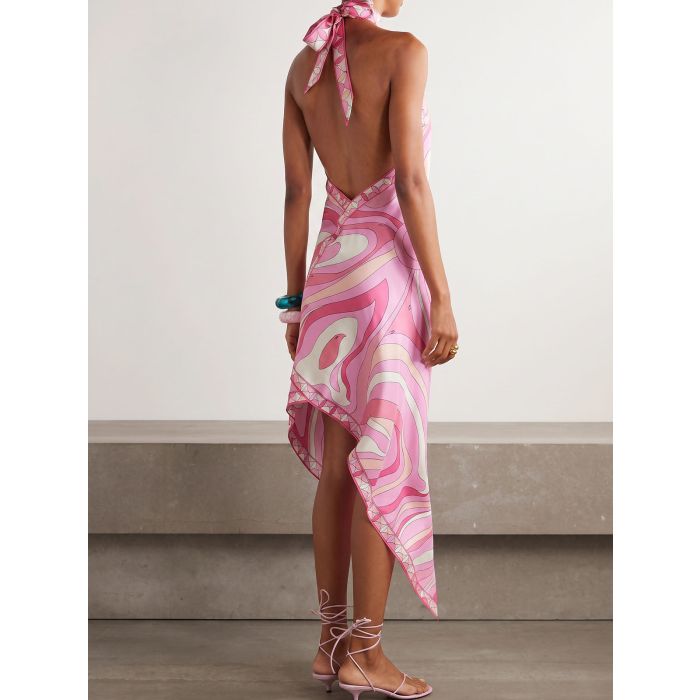 Asymmetric Scarf Satin Backless Resort Halter Midi Dress