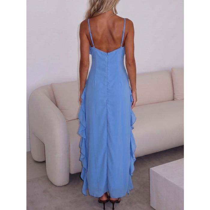 Flowy Deep V Spaghetti Strap High Slit Resort Tiered Ruffle Maxi Dr…