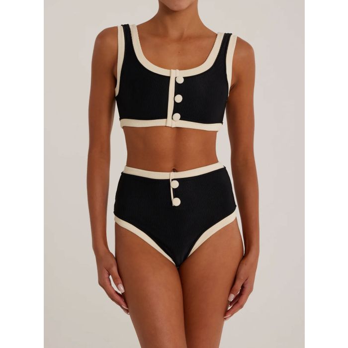 Contrast Button High Waist Luxury Ribbed Two-Piece Bikini Set