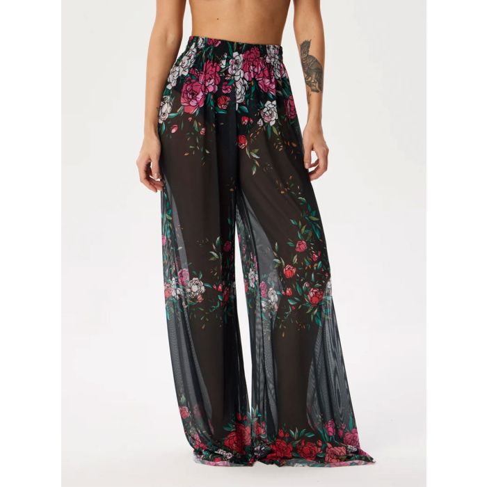 Tropical Printed Ruched High Waist Resort Wide Leg Pants
