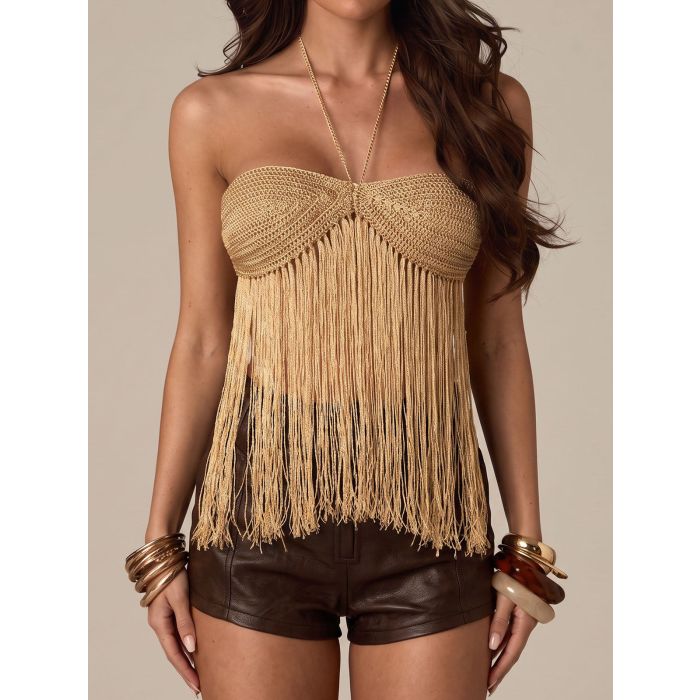 Relaxed Sweetheart Neck Tie Back Summer Resort Crochet Fringe Halte…