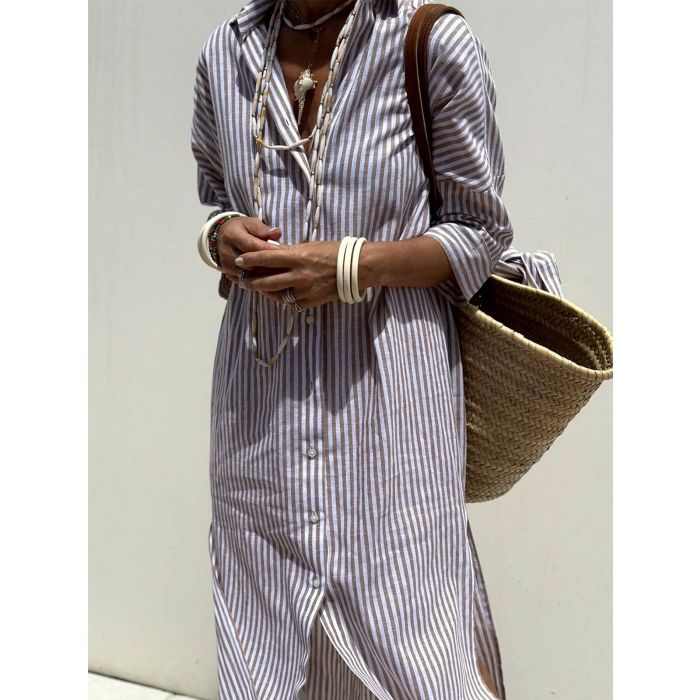 Resort Collared Button Down Half Sleeve Slit Printed Shirt Midi Dre…