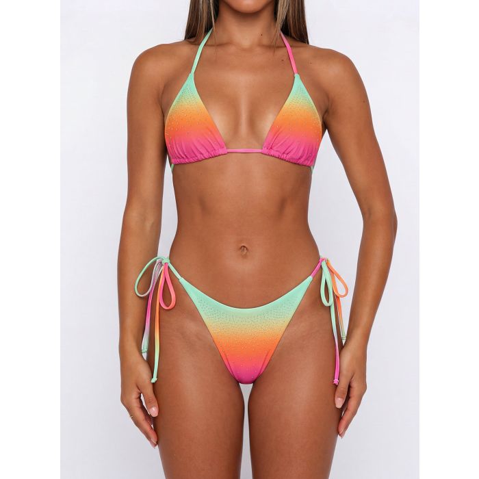 Crystal Gradient High-Leg Scrunch Triangle Two-Piece Bikini Set
