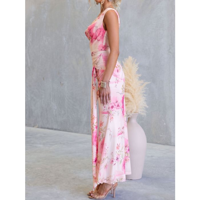 Watercolor Floral Cowl Neck Sleeveless Waist Tie Resort Mesh Midi D…